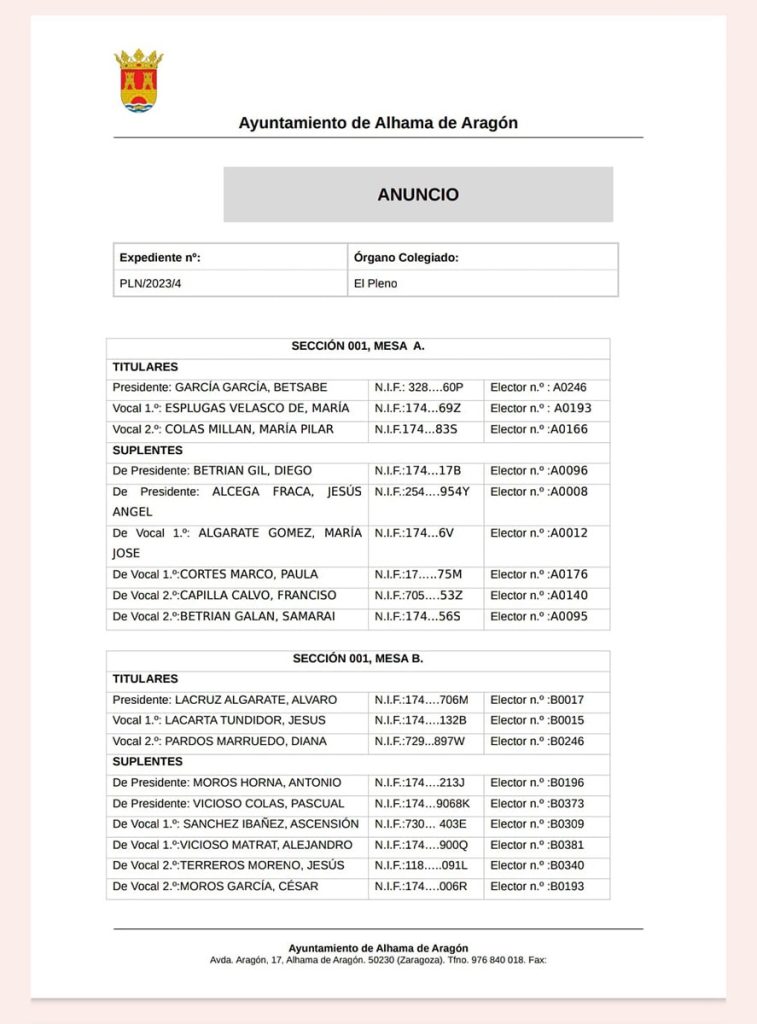 mesas electorales Alhama de Aragon 2023