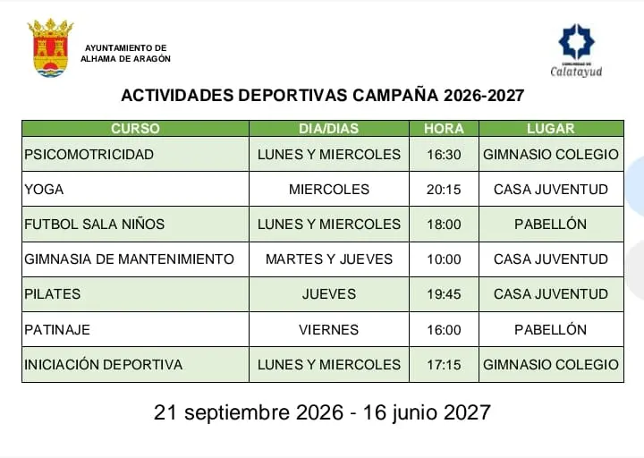 Actividades deportivas Campaña 2026/2027